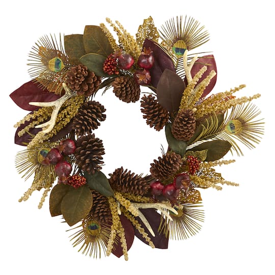 27&#x22; Magnolia Leaf, Berry, Antler &#x26; Peacock Feather Wreath